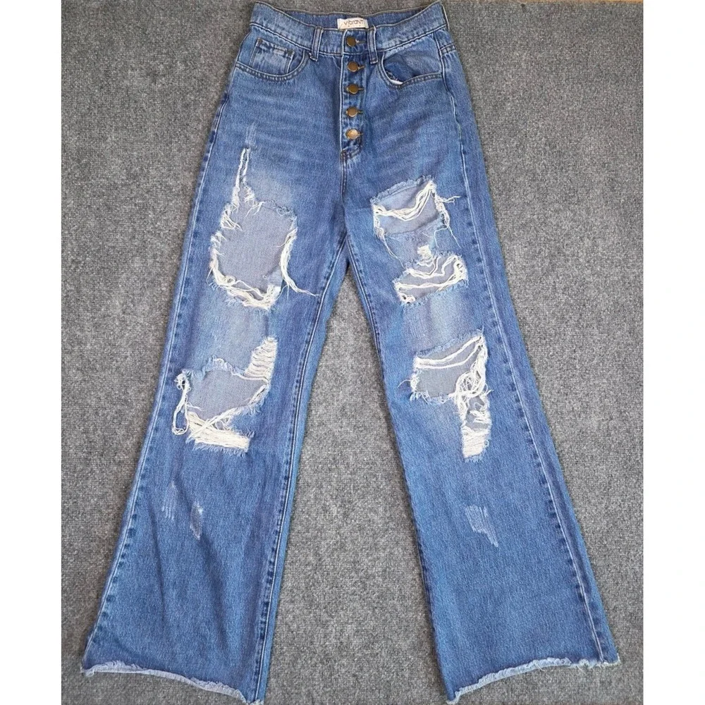 Vibrant M.I.U. Distressed Wide Leg Jeans Womens 7/27 Blue High Rise Button‎ Fly